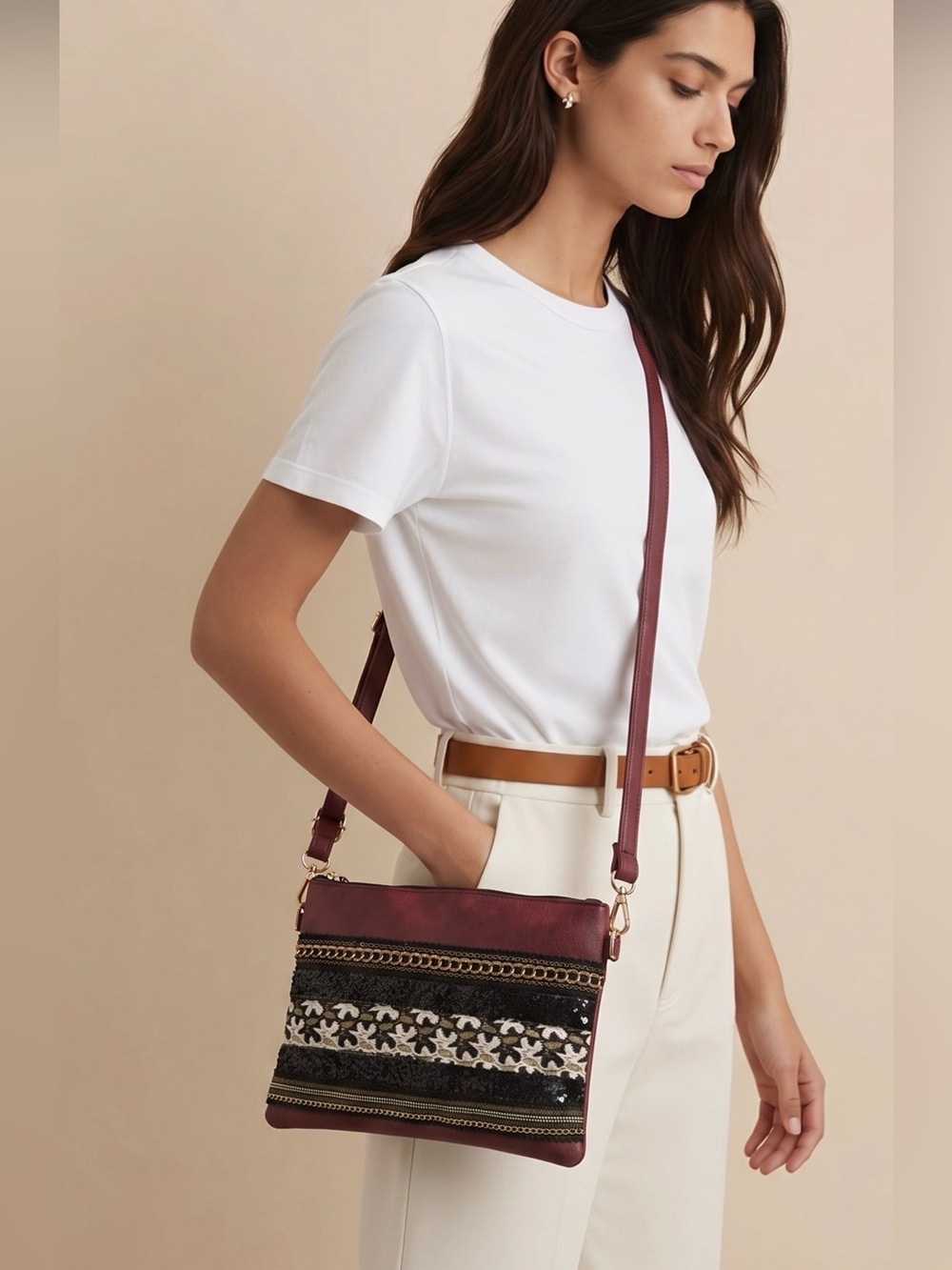 Elegant Burgundy and Black Embroidered Women's Bag